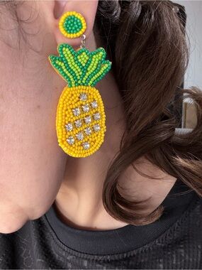 Beaded Pineapple Drop Earrings - Yellow & Green